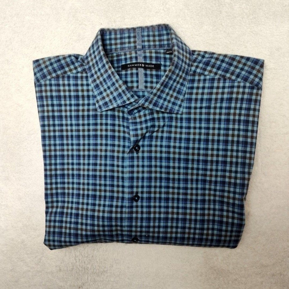 Hammer Made Shirt Mens 17.5 Blue Plaid Button-Up Cotton Long Sleeve Casual Work